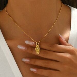 Gold Plated Stainless Steel Hamsa Hand Charm Necklace